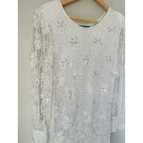 VTG Megere White Sequin Beaded Dress M Long Sleeve Ruffle Hem Formal Wedding - Picture 2 of 10